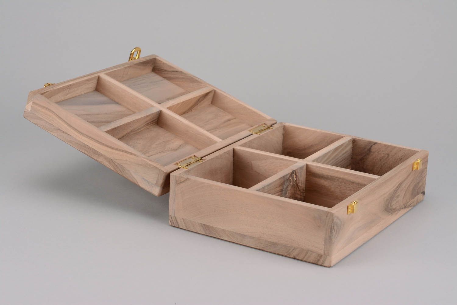 Wooden blank jewelry box with handles and sections photo 4