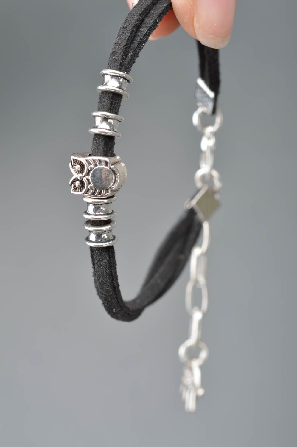 Handmade black cute bracelet made of suede laces with charms made of metal photo 3