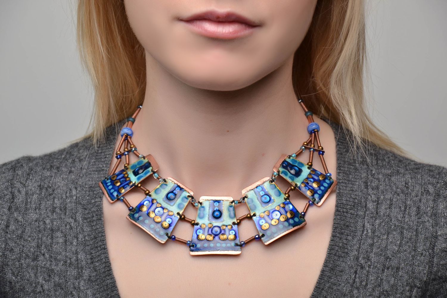 Copper necklace painted with enamels in ethnic style photo 2