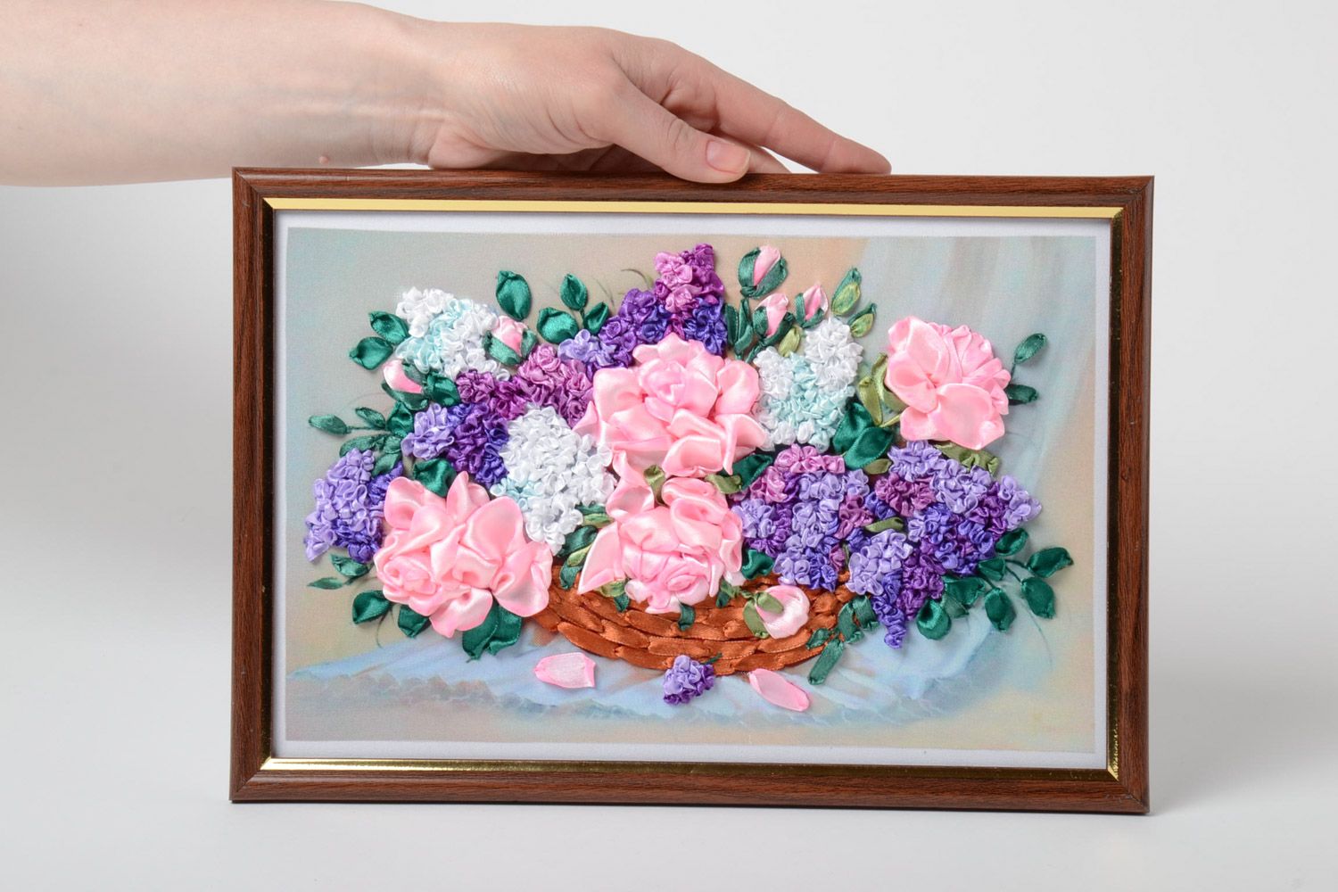 Gentle handmade satin ribbon flower embroidery in pink color palette in wooden frame  photo 5
