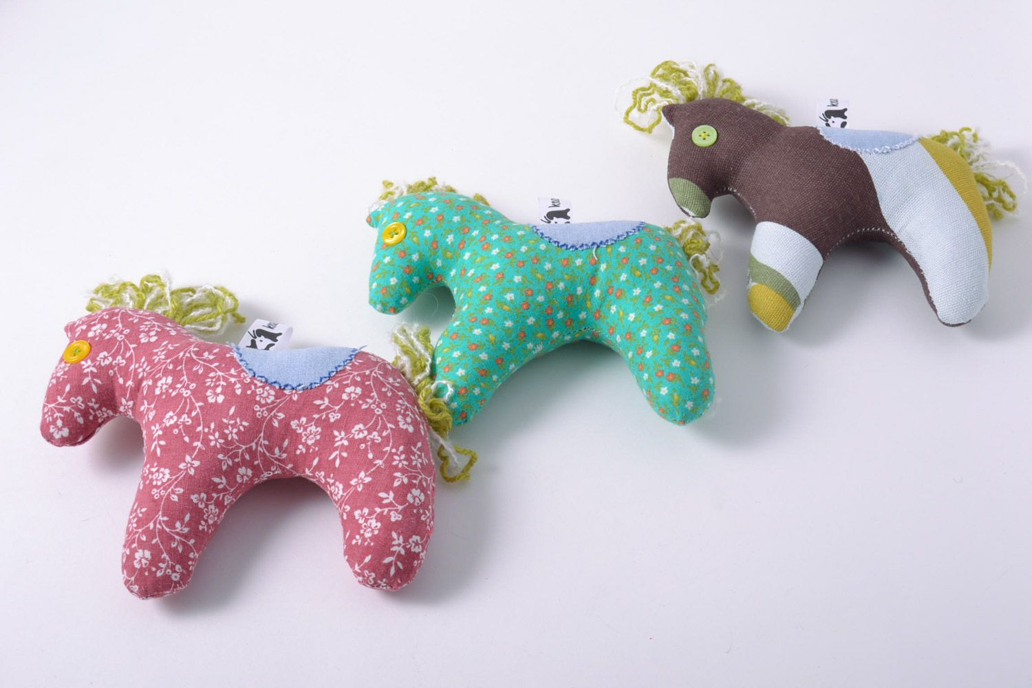 Set of 3 handmade small cute soft toys sewn of colorful fabric horses  photo 3