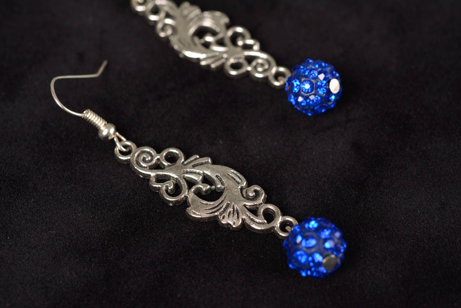 Designer long lacy metal handmade dangle earrings with bright blue rhinestones photo 5