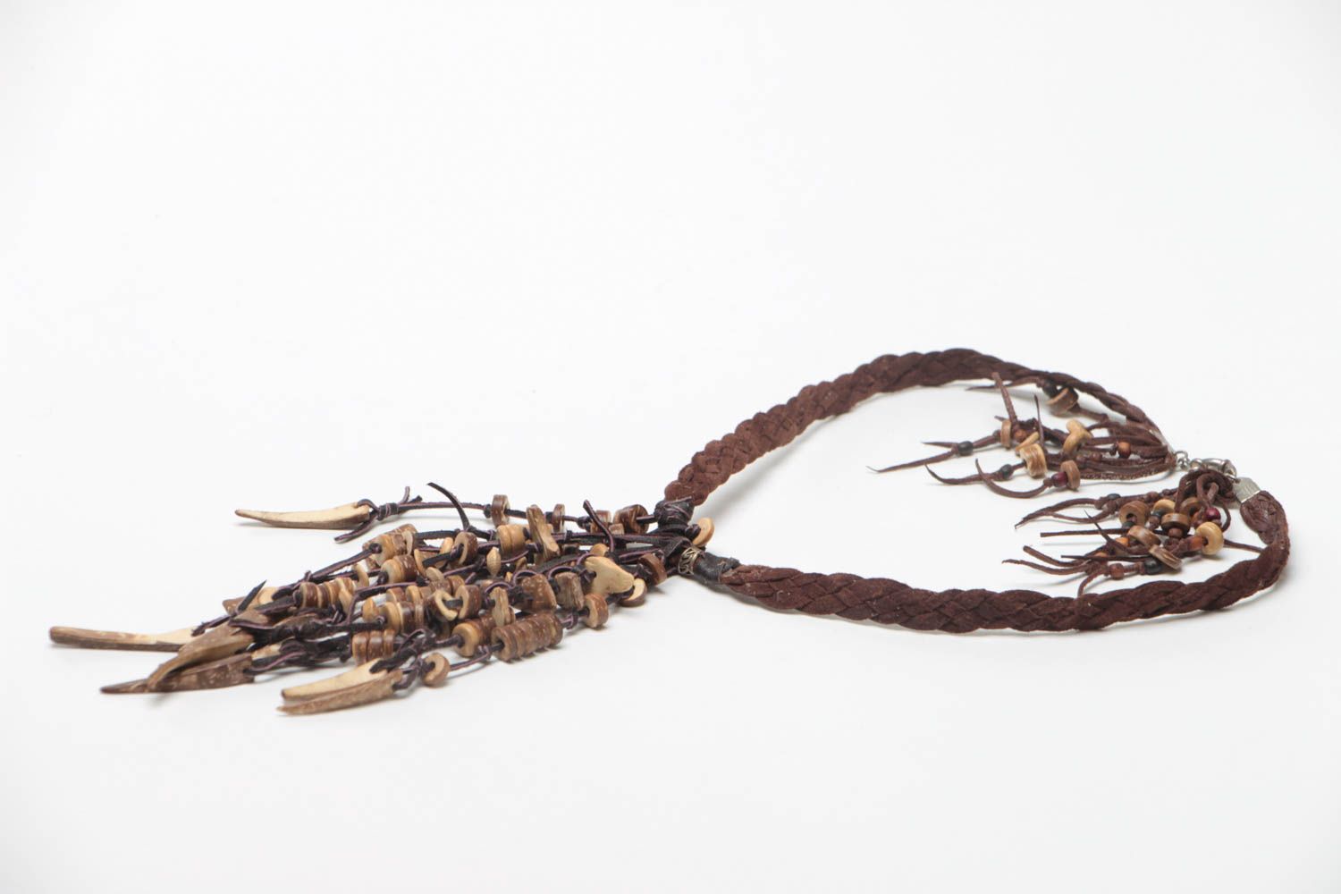 Handmade designer brown genuine leather necklace with bones and fringe photo 3