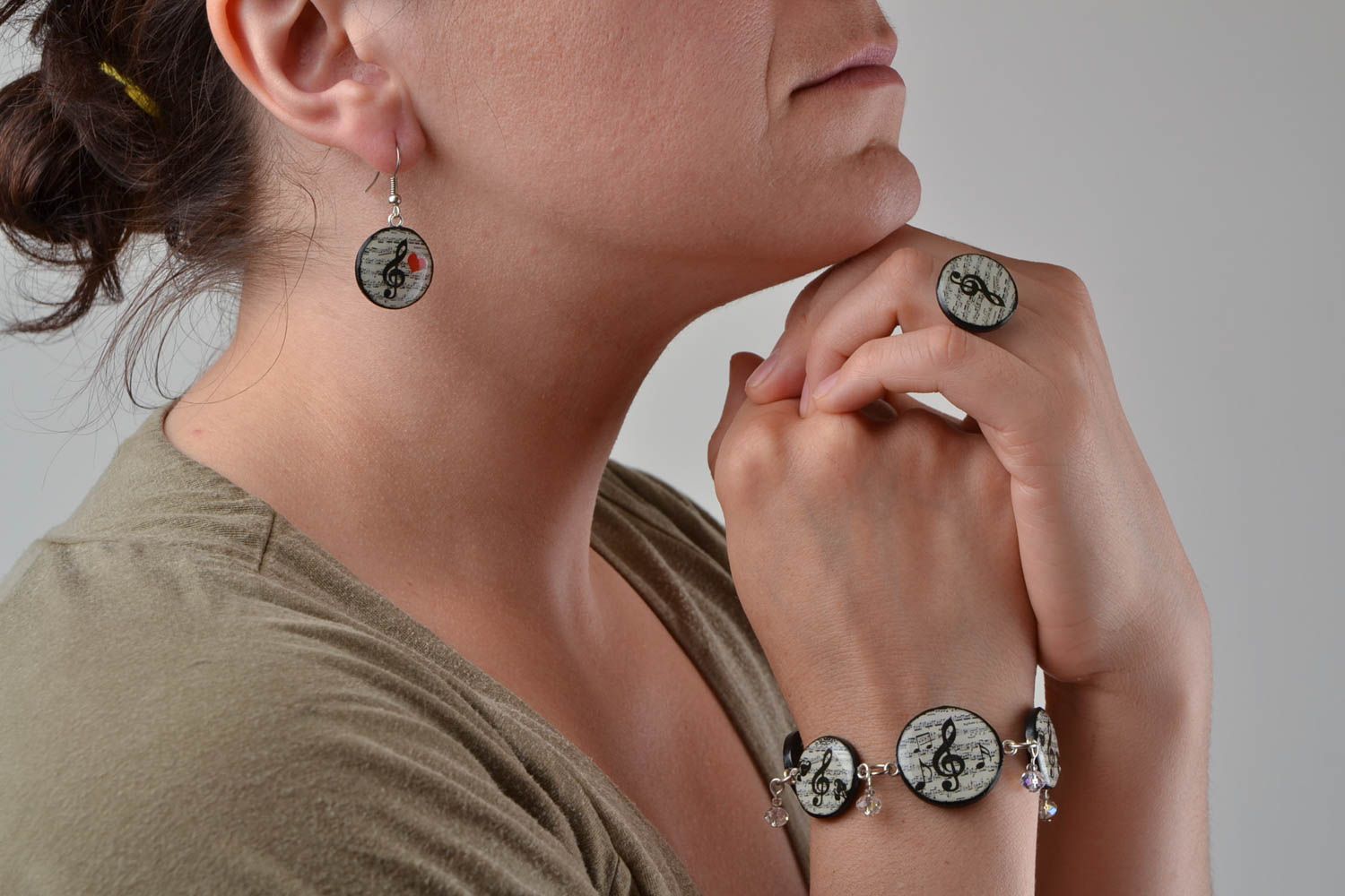 Handmade plastic jewelry set decoupage earrings ring and bracelet photo 2
