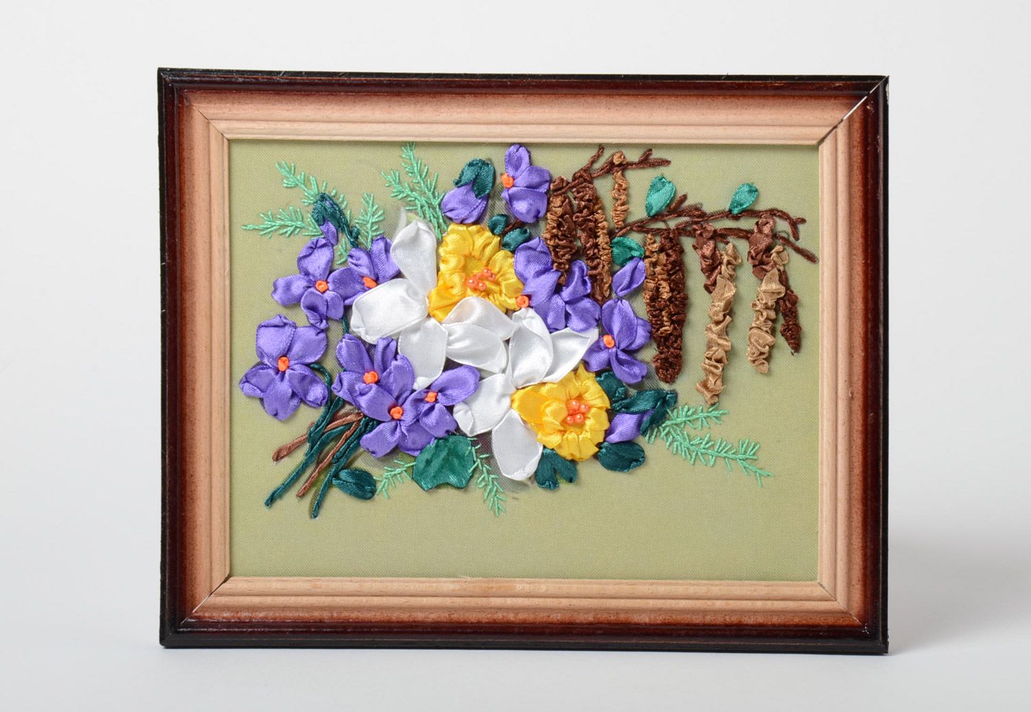 Handmade beautiful picture with ribbon embroidery in a wooden frame with flowers photo 1