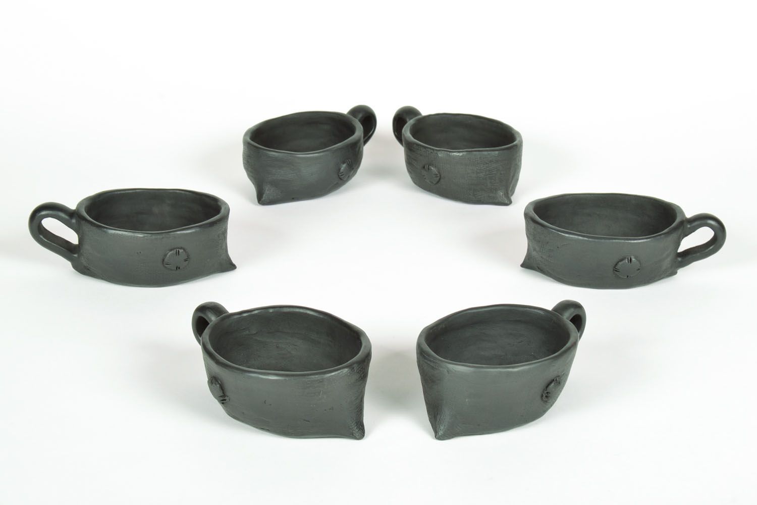 Set of 6 six black smoked clay cups in the shape of mice with a handle photo 4