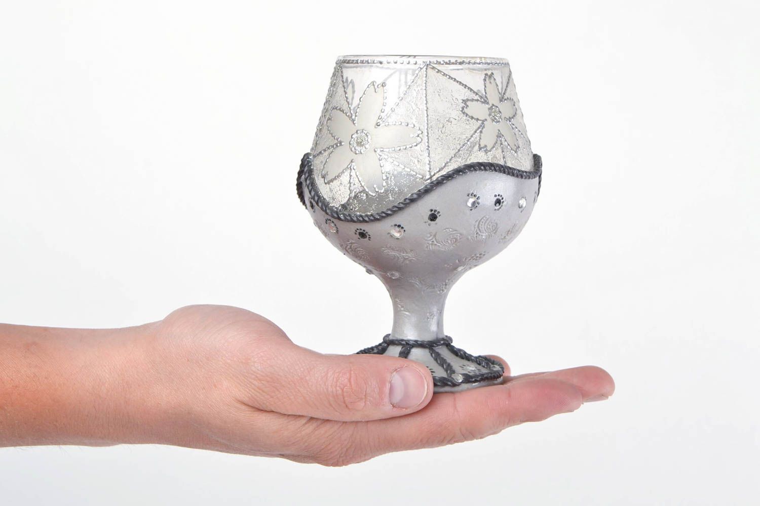 Handmade designer festive glass candlestick with gray acrylic painting photo 2