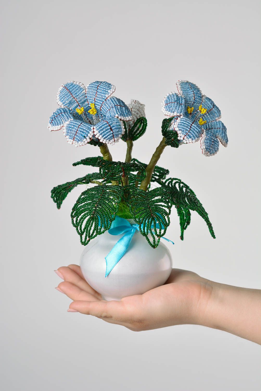 Beautiful blue handmade designer beaded flower composition for home decor photo 1