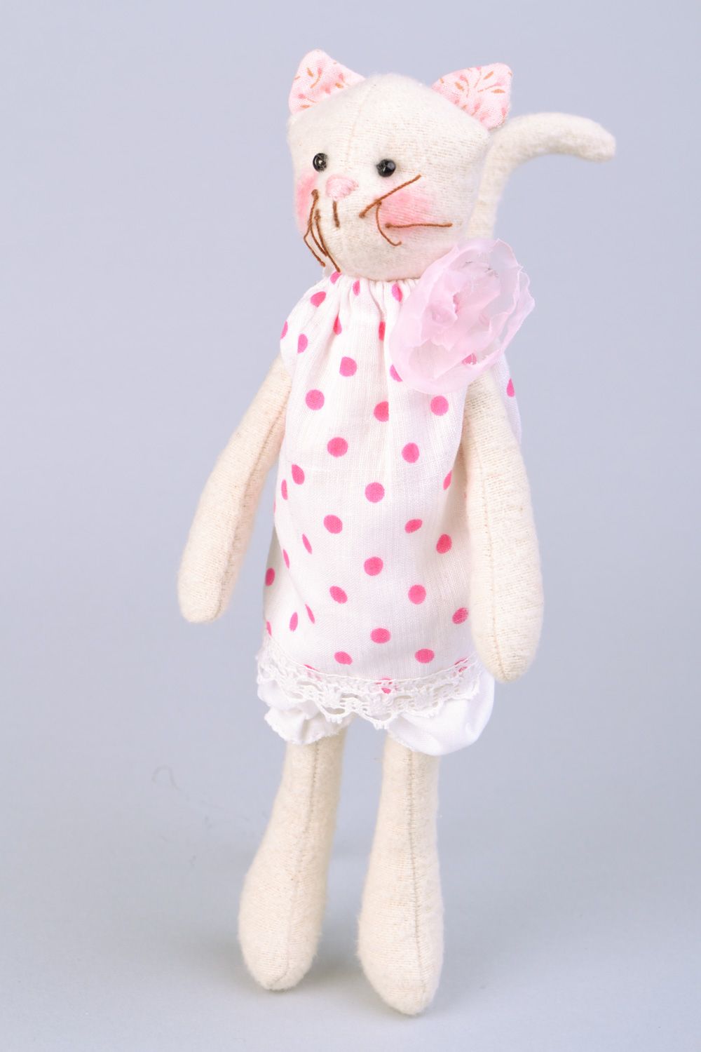 Handmade designer fabric soft toy white cat in polka dot clothing for children photo 3