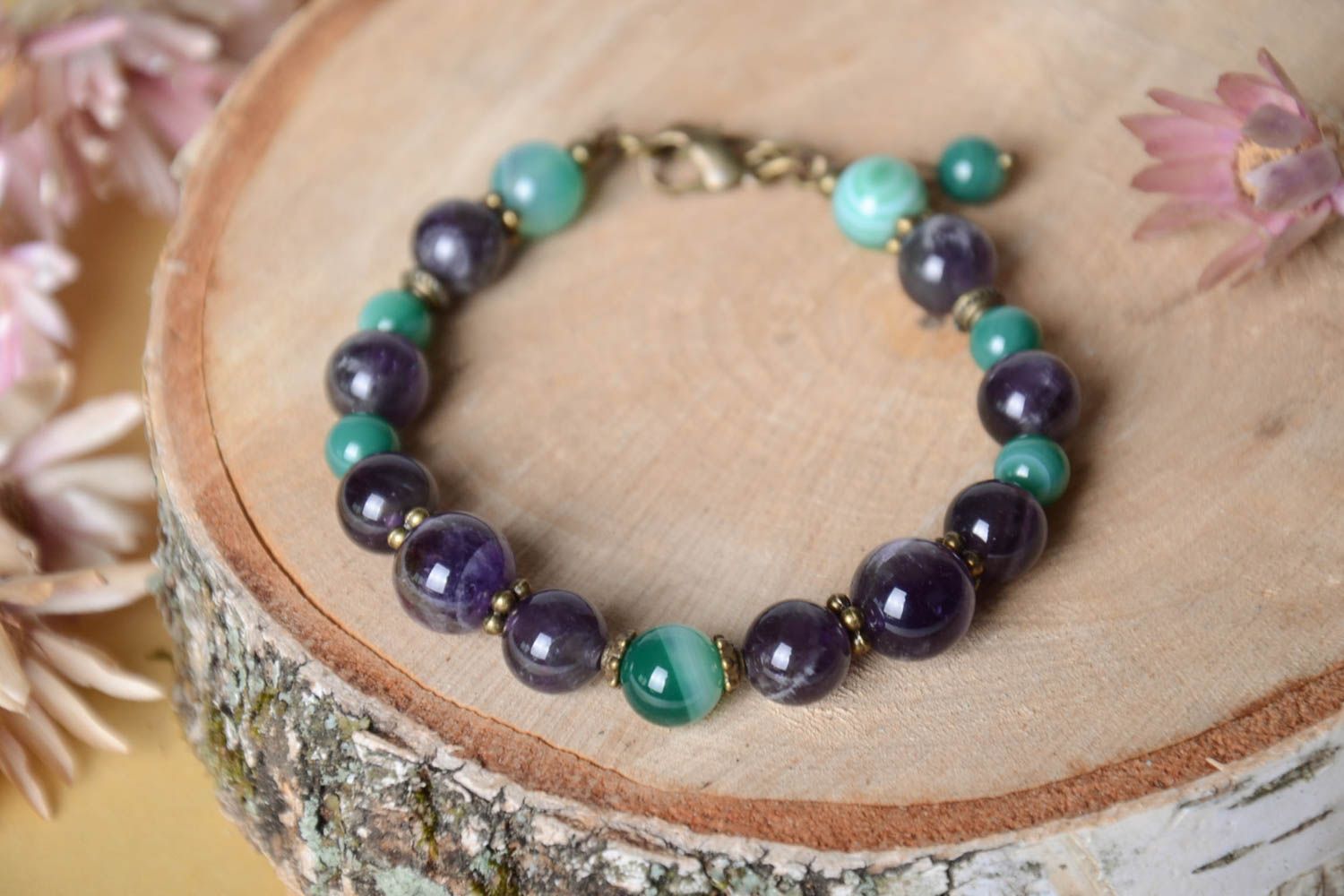 Bracelet pierres naturelles Bijou fait main vert violet Accessoire femme photo 1