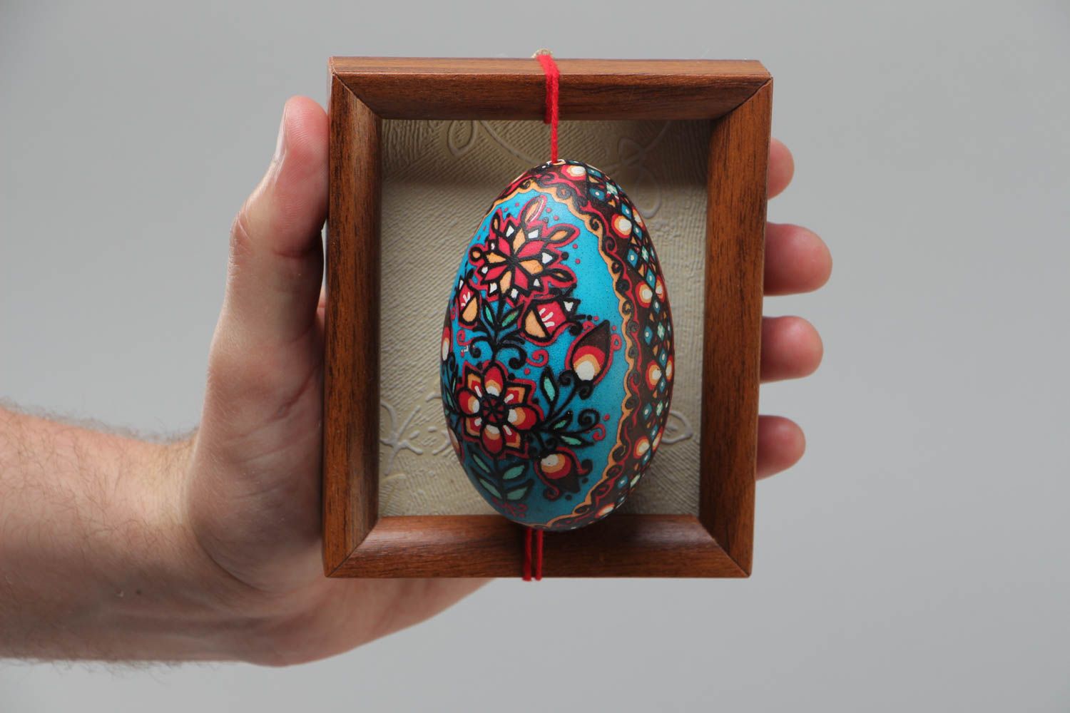 Handmade designer hanging painted Easter goose egg in frame wall panel photo 5