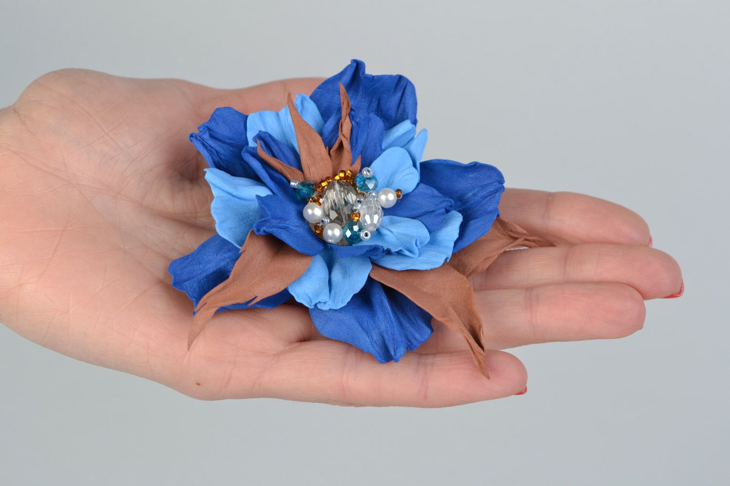 Handmade magnificent blue and brown foamiran flower brooch hair clip transformer photo 2