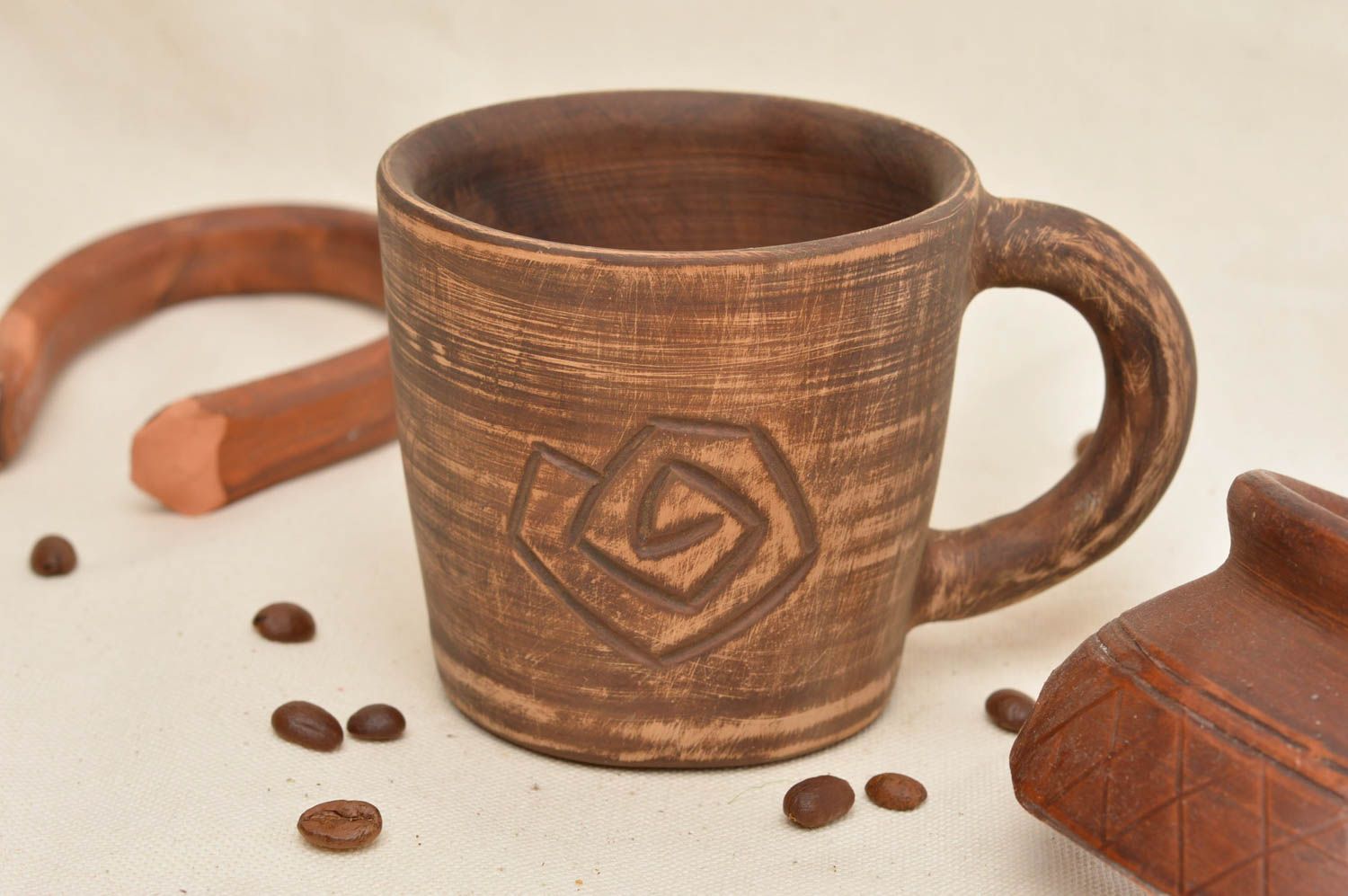 Tasse en céramique brune à motif spiralé originale faite main cadeau ravissant photo 1