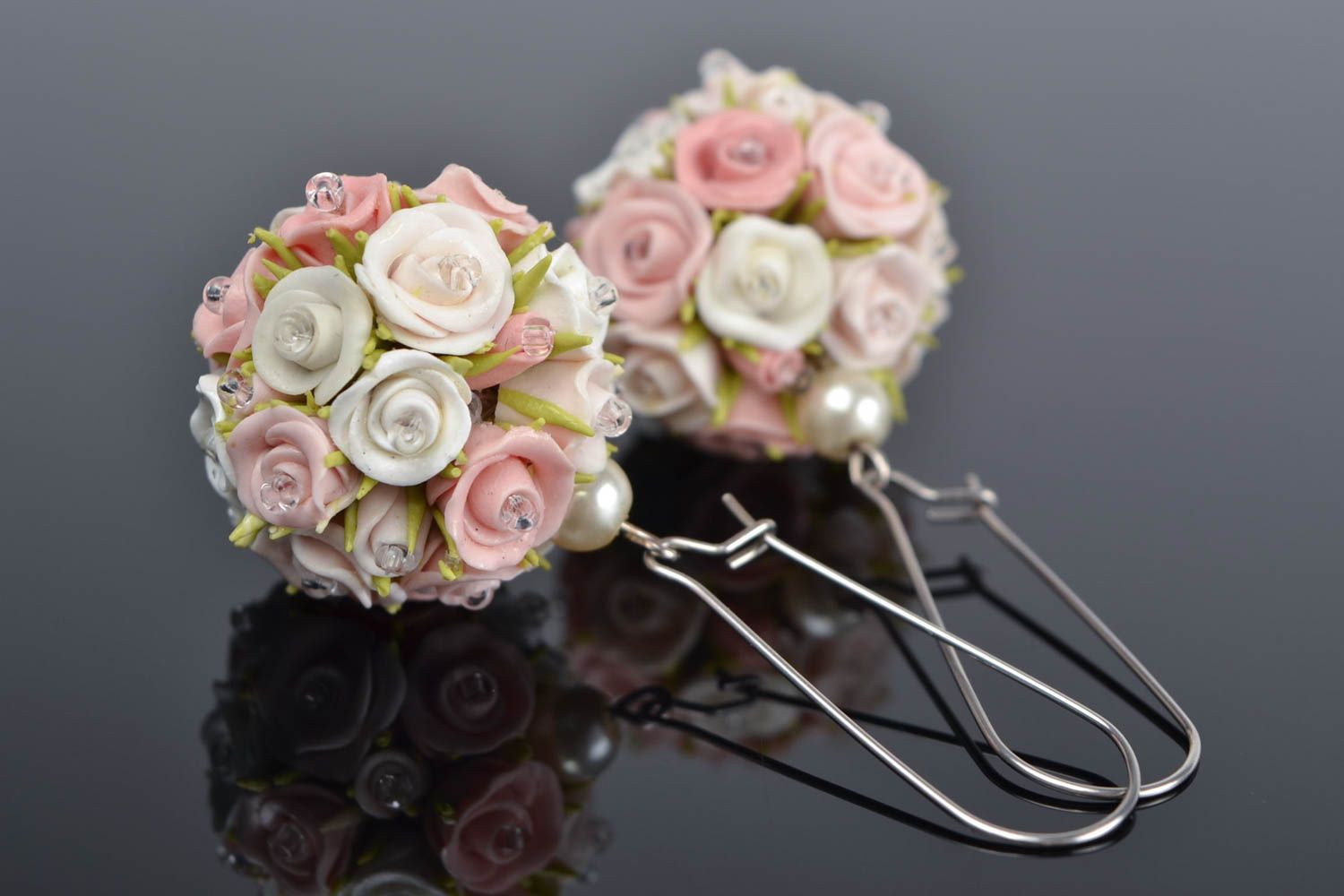 Beautiful tender fancy handmade long polymer clay lush roses bouquets earrings  photo 1