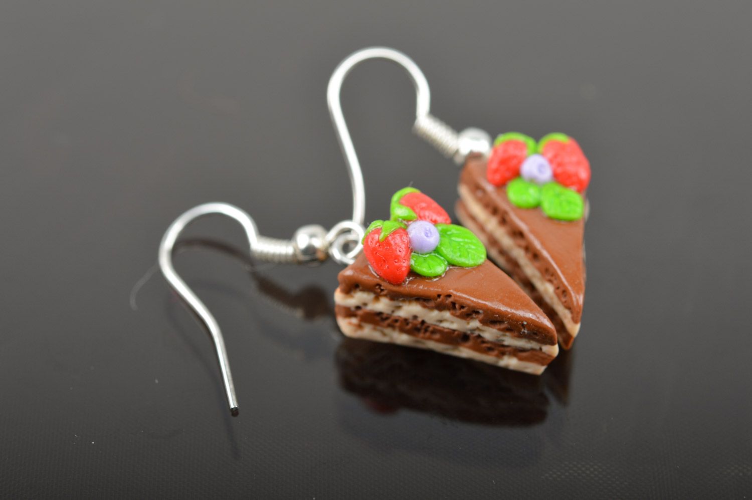Bright women's handmade polymer clay earrings in the shape of cakes with berries photo 5