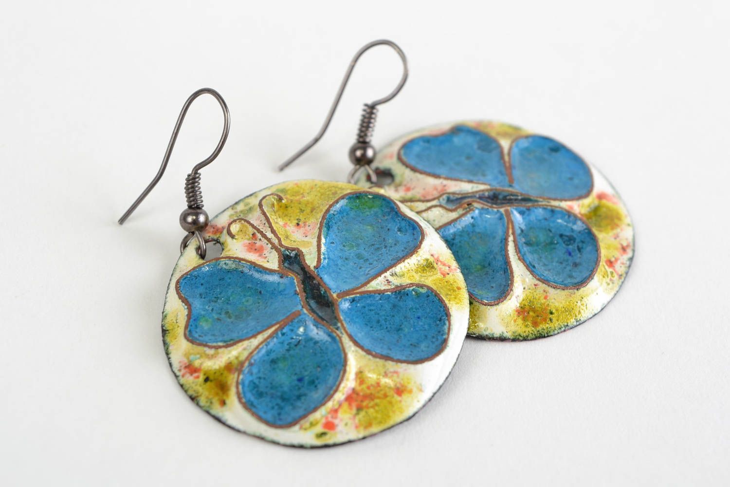 Handmade round copper earrings painted with colorful enamels Blue Butterflies photo 1