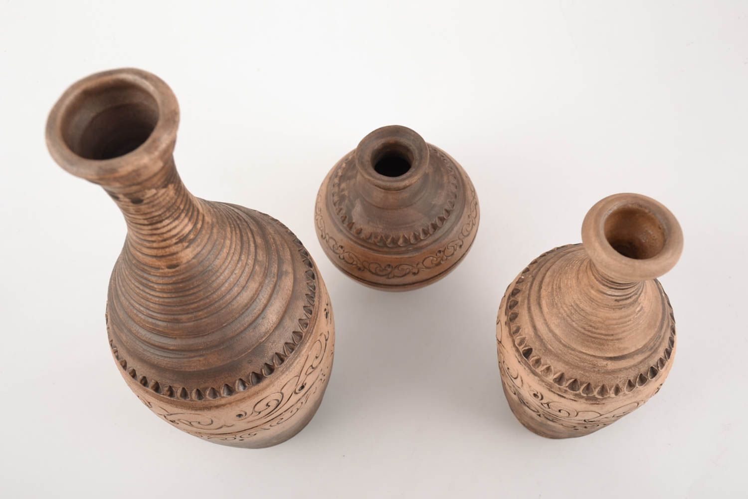 Set of 3 handmade ceramic ethnic bottles of different shapes 250 ml 500 ml 1 l photo 2