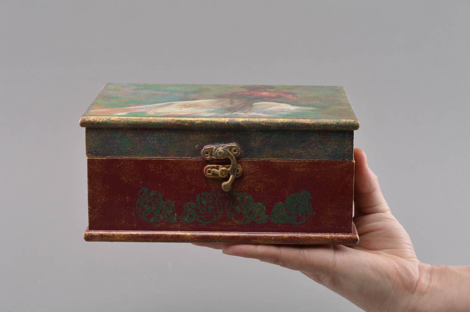 Boîte rectangulaire en bois serviettage faite main pour bijoux originale photo 4