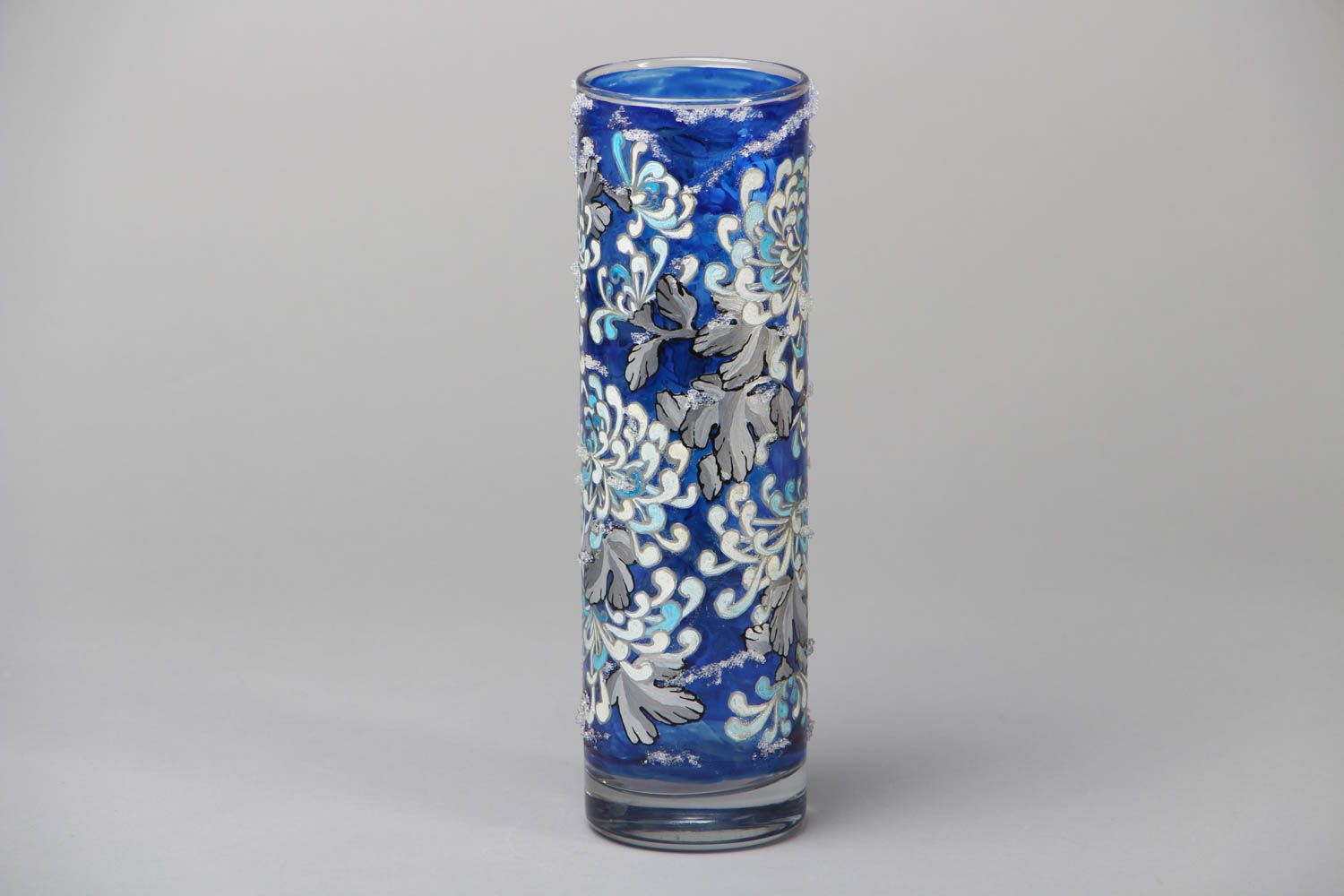 11 inches blue tube shape glass vase with floral décor 1,3 lb photo 1