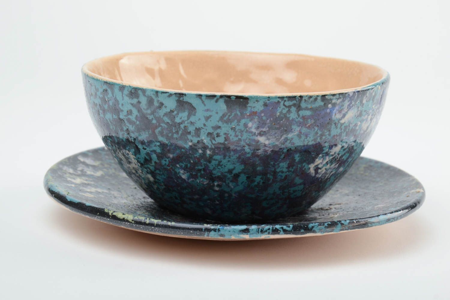 Blau weiße Ton Suppen Schüssel mit Unterteller mit Mustern Künstler Handarbeit foto 3
