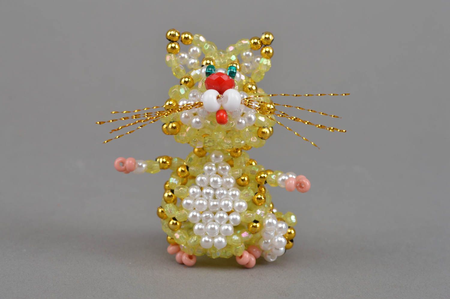 Joli chat en perles de rocaille figurine décorative faite main jaune blanc photo 3