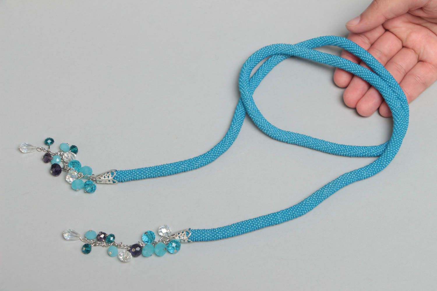 Collier spirale en perles de rocaille tchèques fait main lariat couleur bleue photo 5