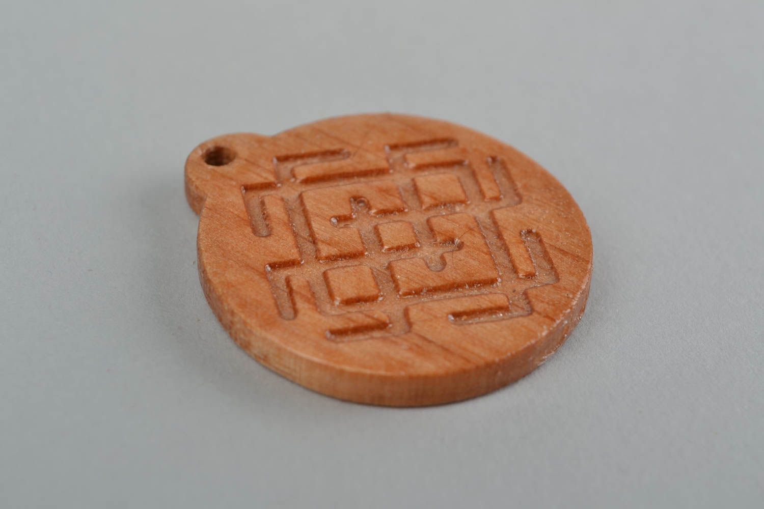 Handmade small round natural wood varnished carved Slavic amulet pendant Belobog photo 4