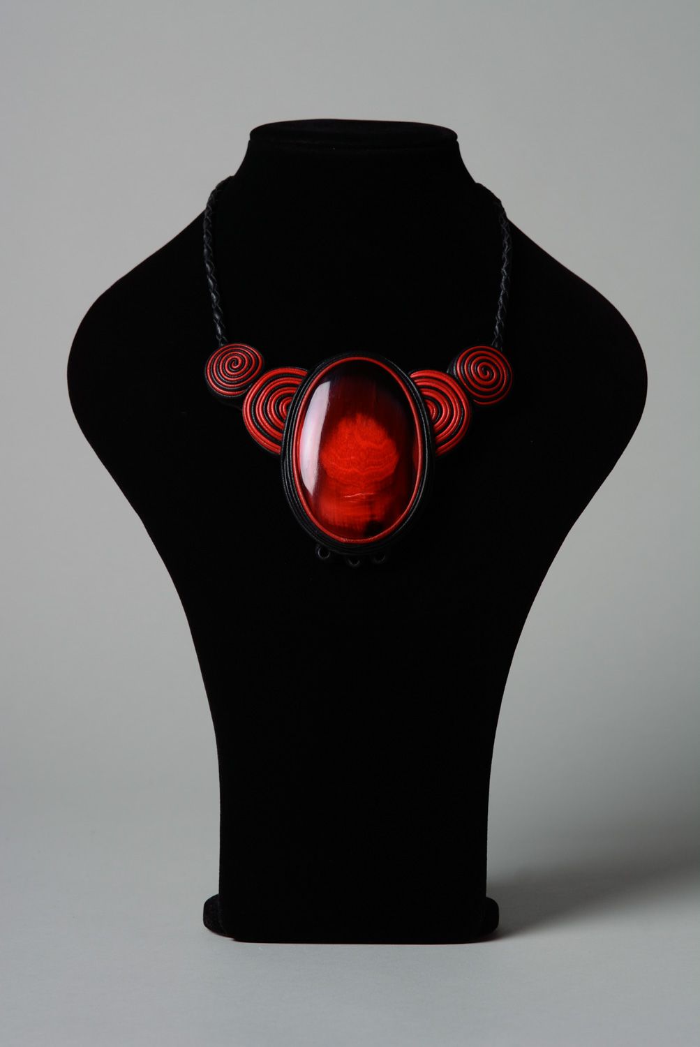 Handmade designer genuine leather and cow horn necklace in red and black colors  photo 1