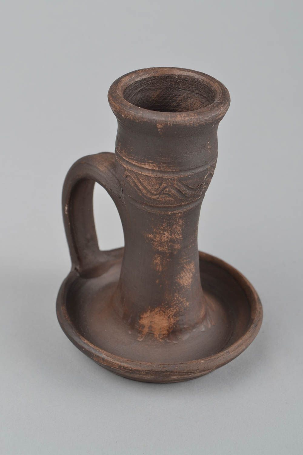Handmade dark brown ethnic ceramic candlestick with handle polished  photo 3