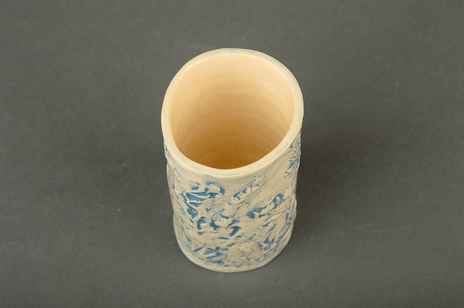 Milk ceramic handmade mug in white and blue color with floral pattern 0,54 lb photo 4