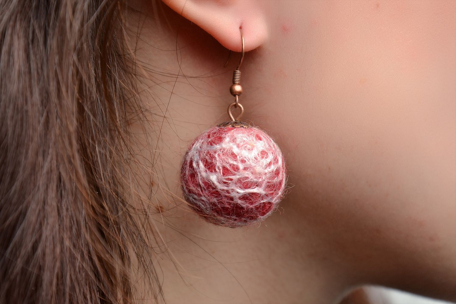 Felted wool ball earrings Spiderweb photo 2