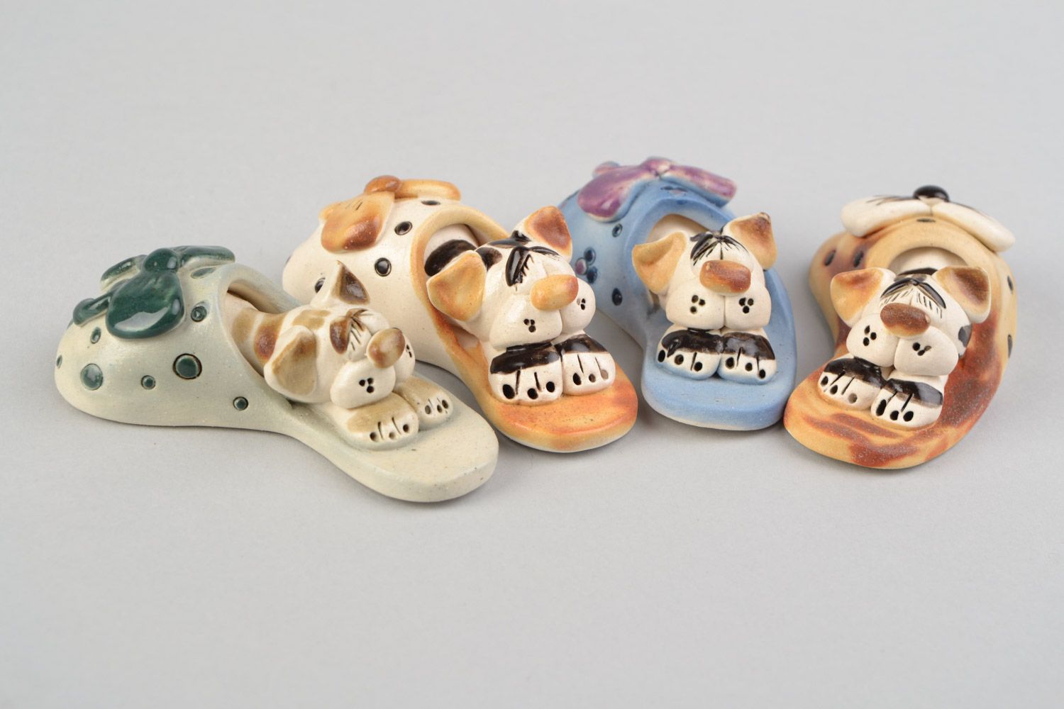 Set of 4 handmade designer miniature ceramic figurines of cats in slippers photo 4
