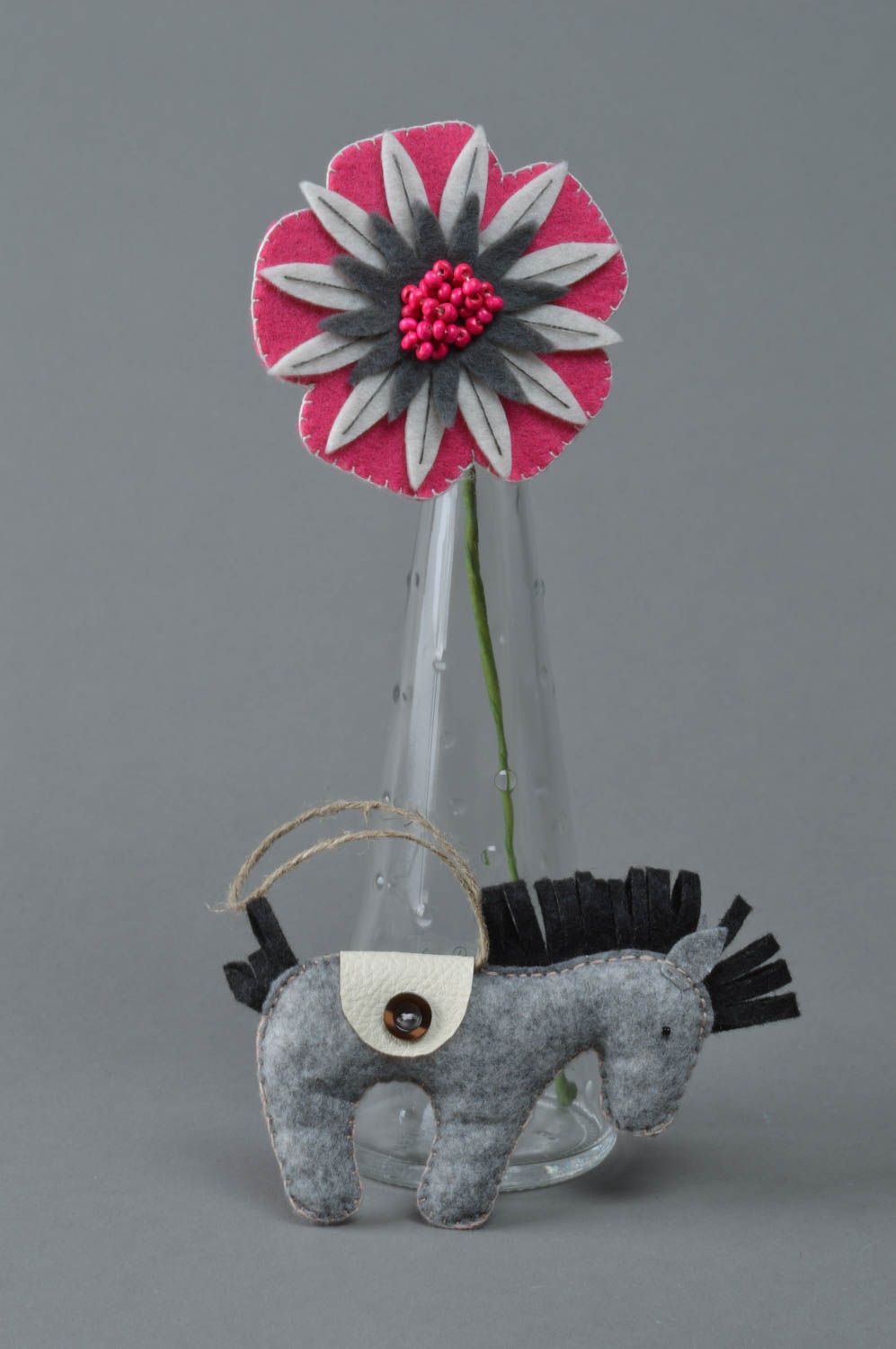 Handmade small designer interior soft toy gray felt horse with eyelet for decor photo 1