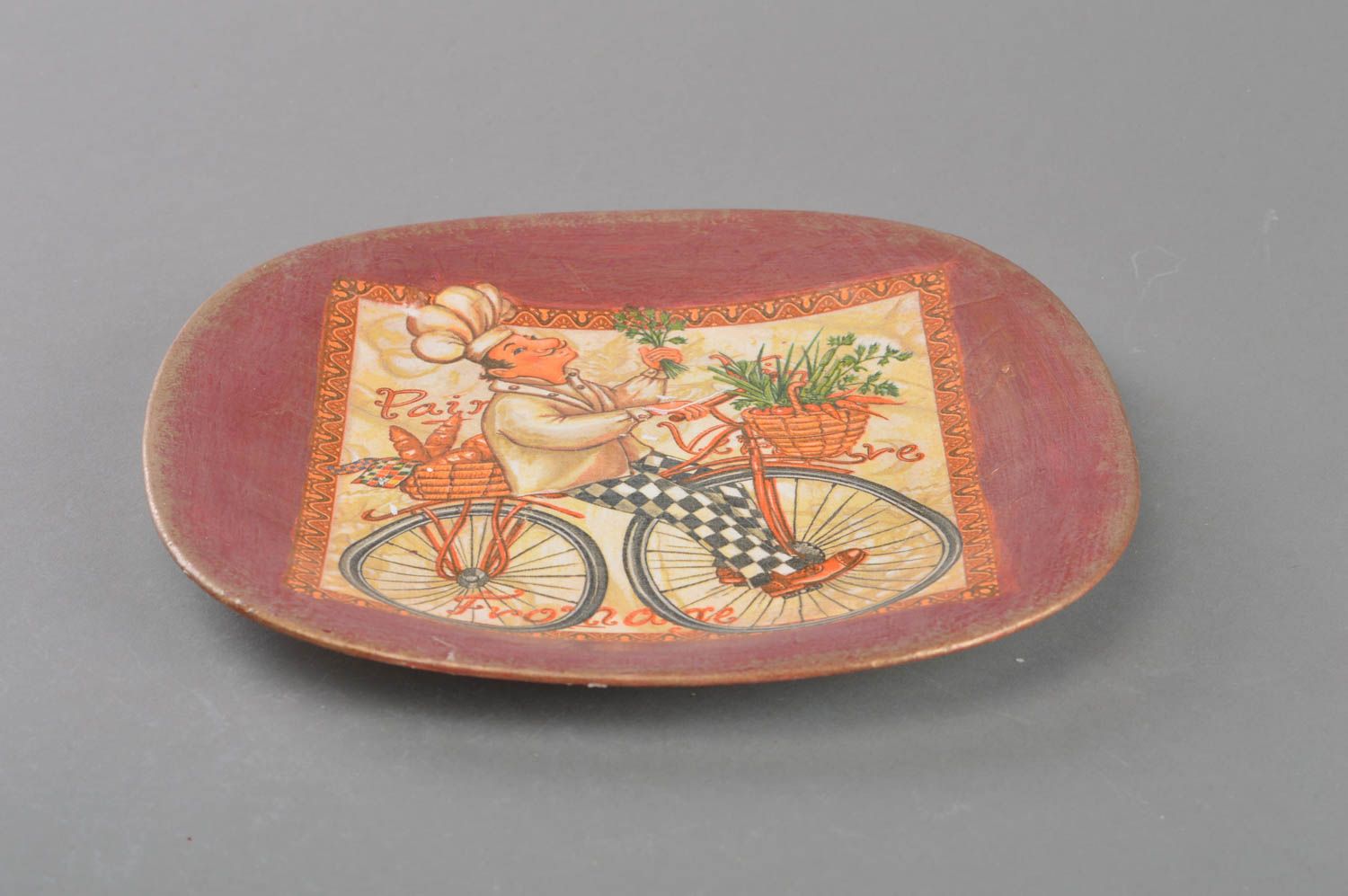 Handmade decorative designer decoupage glass plate Chef on Bicycle for interior photo 2