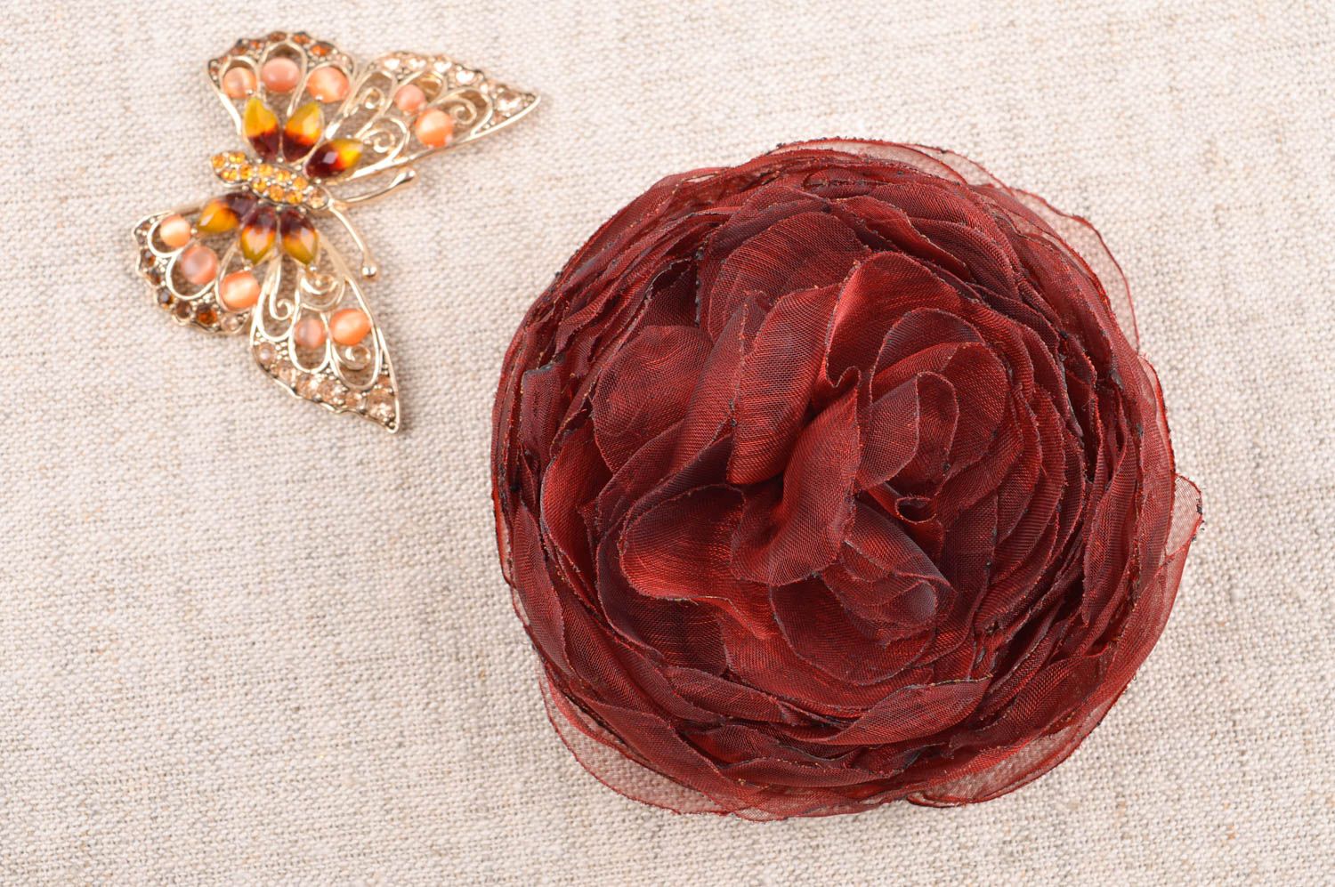 Broche textile Bijou fait main fleur rouge foncée stylé grand Accessoire femme photo 1
