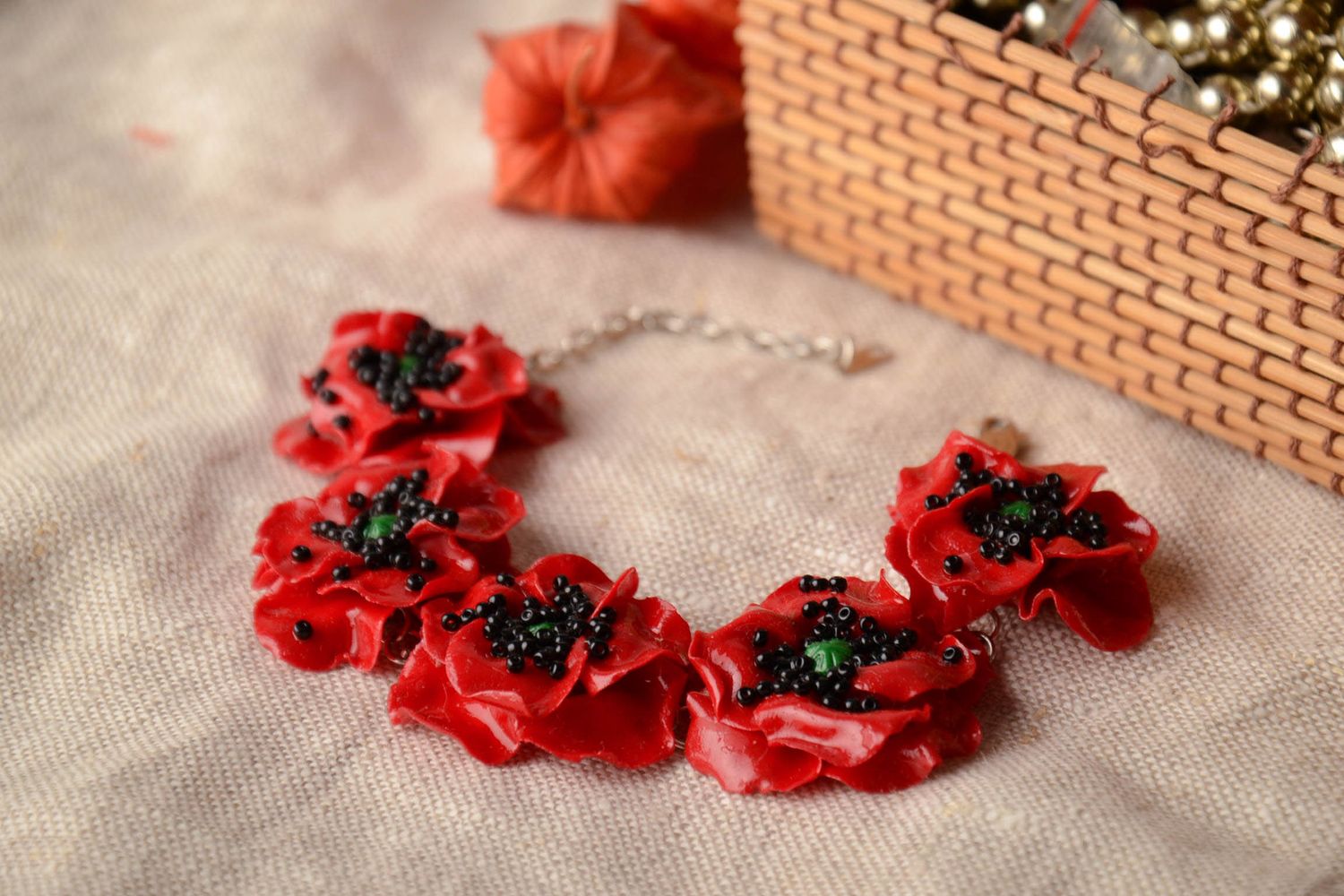 Polymer clay bracelet with poppies photo 3