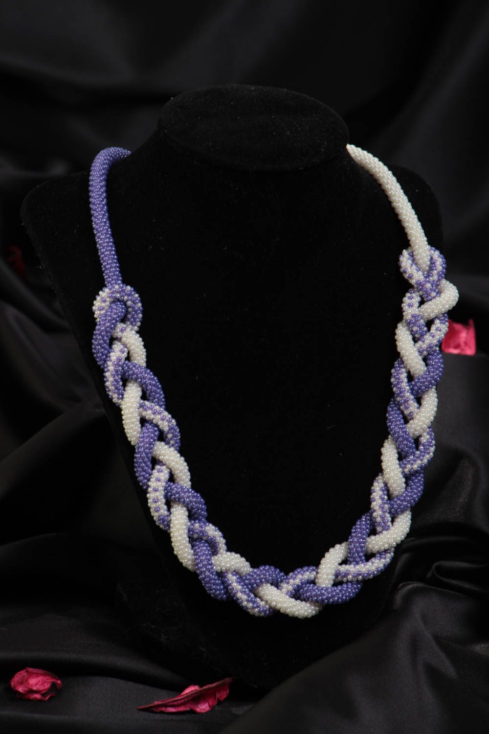 Lilac and white handmade braided beaded lariat necklace designer jewelry photo 1