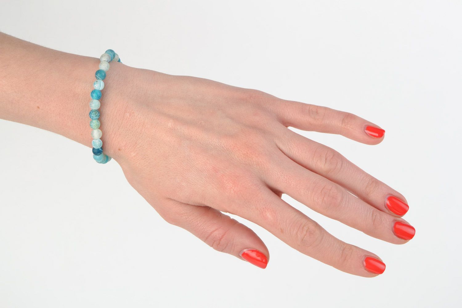 Handmade tender wrist bracelet with blue agate beads with cracks for women photo 2