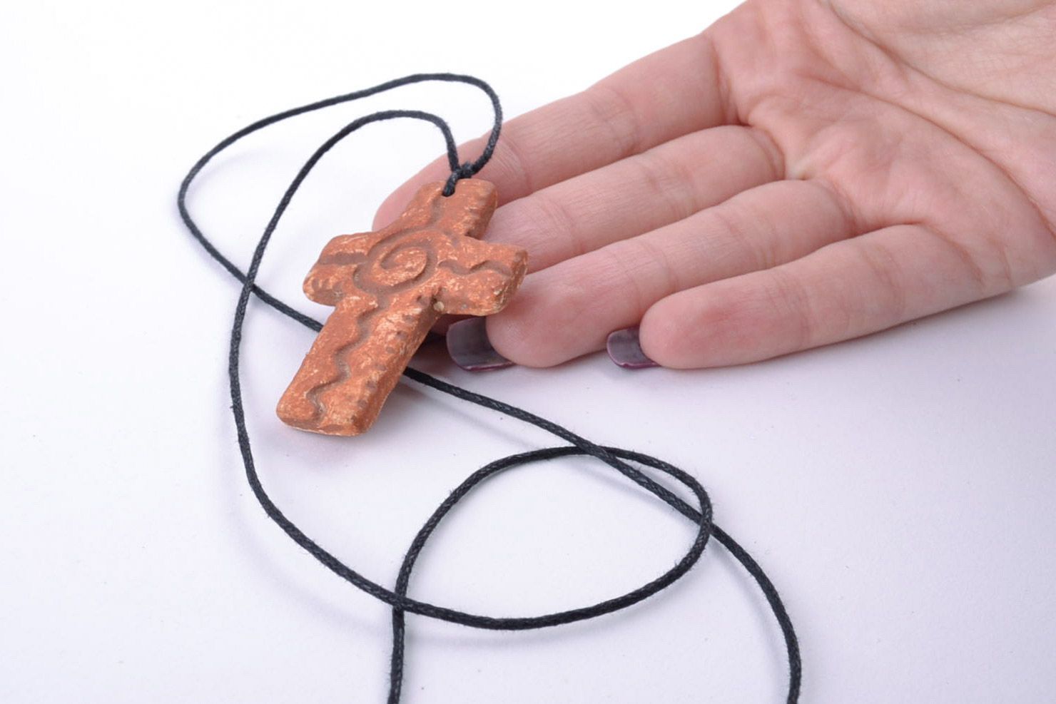 Unusual handmade clay cross pendant painted with engobes photo 5