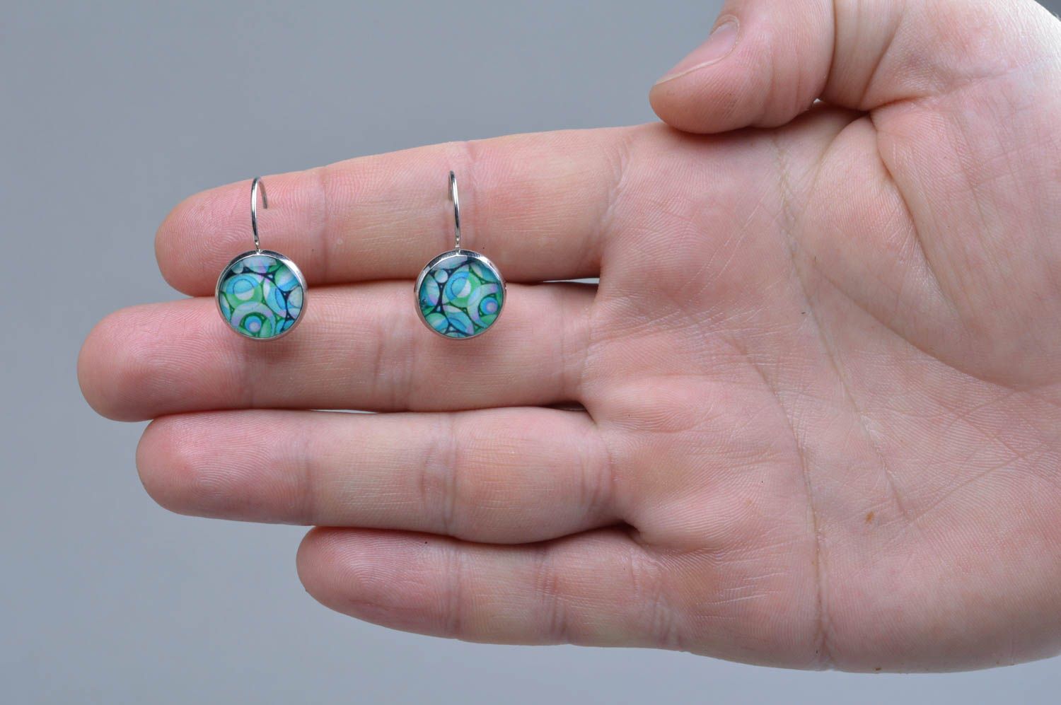Unusual handmade designer round blue decoupage earrings photo 4