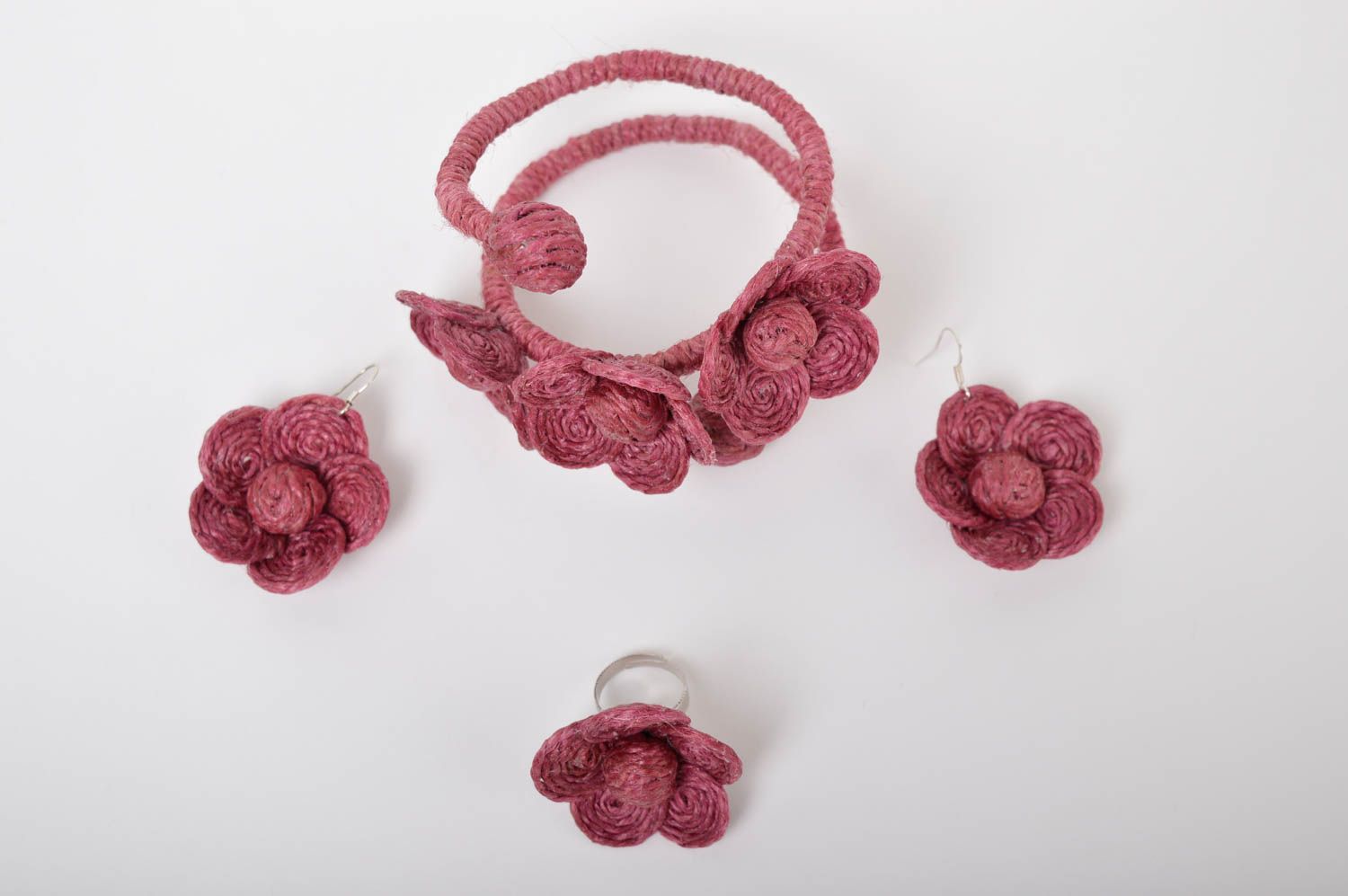 Parure de Bijoux fleurs roses fait main Bracelet boucles d'oreilles bague photo 2