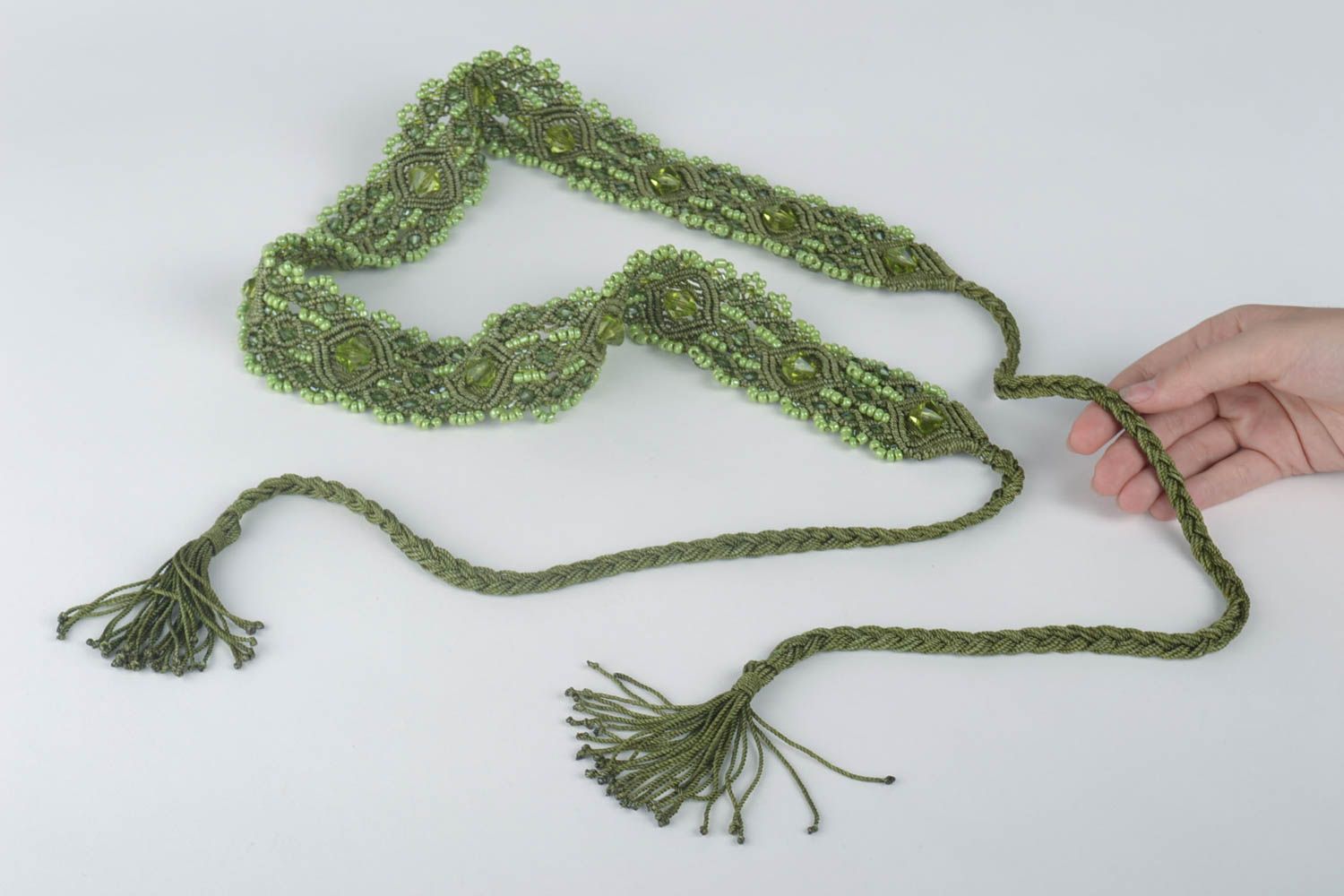 Handmade Schmuck Makramee Gürtel Damen Hüftgürtel mit Rocailles Perlen grün foto 5