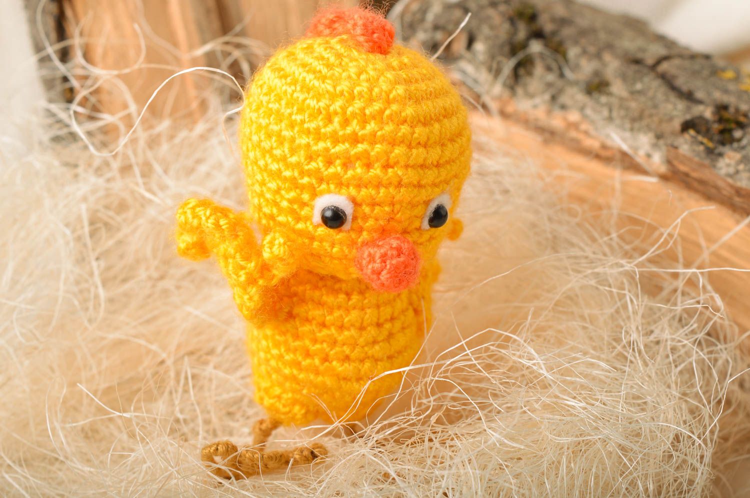Handmade small funny soft toy crocheted of acrylic and cotton yellow chicken photo 1