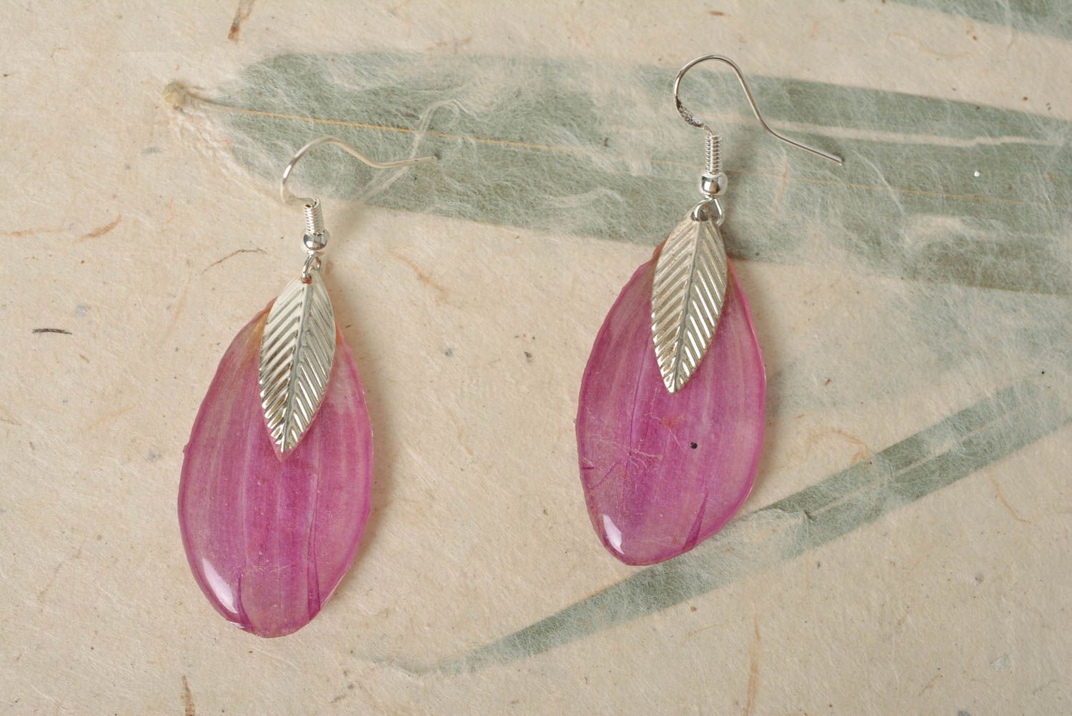 Beautiful handmade pink botanical earrings with epoxy coating silver photo 1