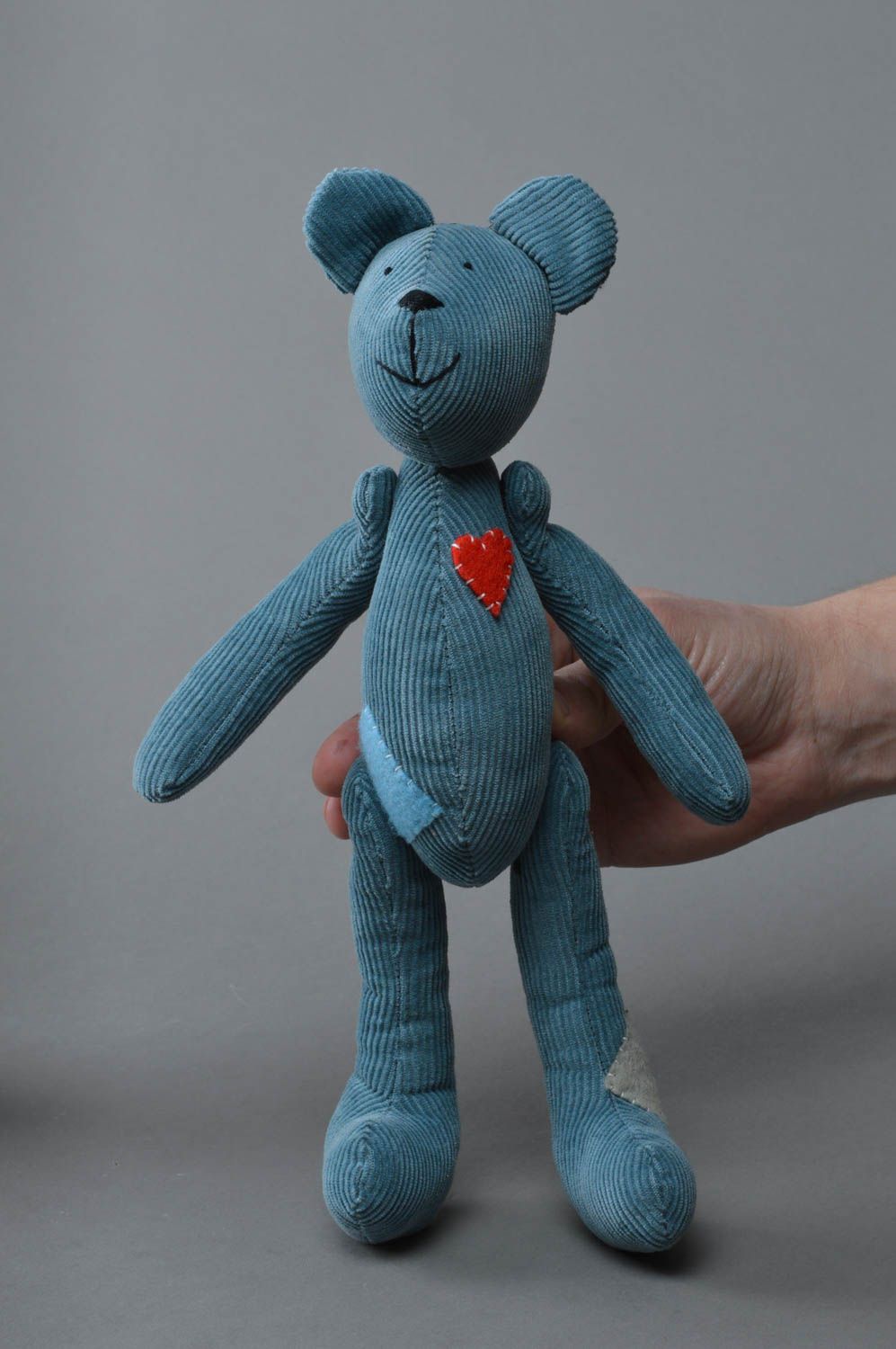 Handmade fabric soft toy blue bear with movable paws and red heart for kids  photo 1