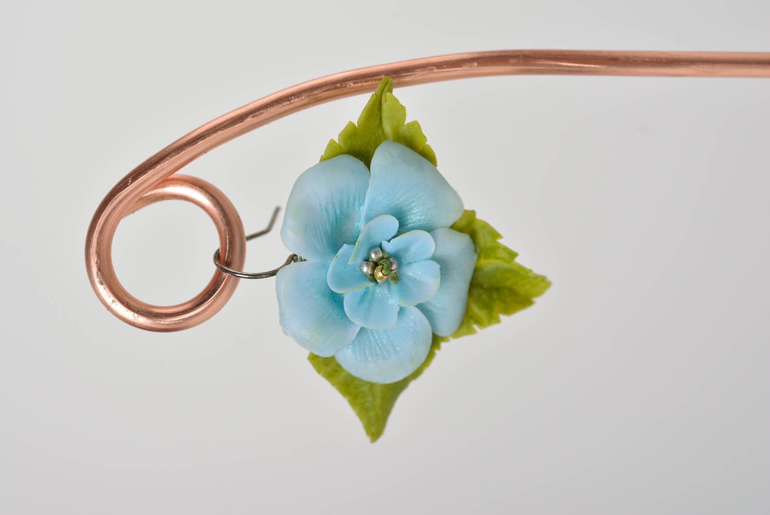 Handmade designer dangling earrings with tender blue polymer clay flowers  photo 5