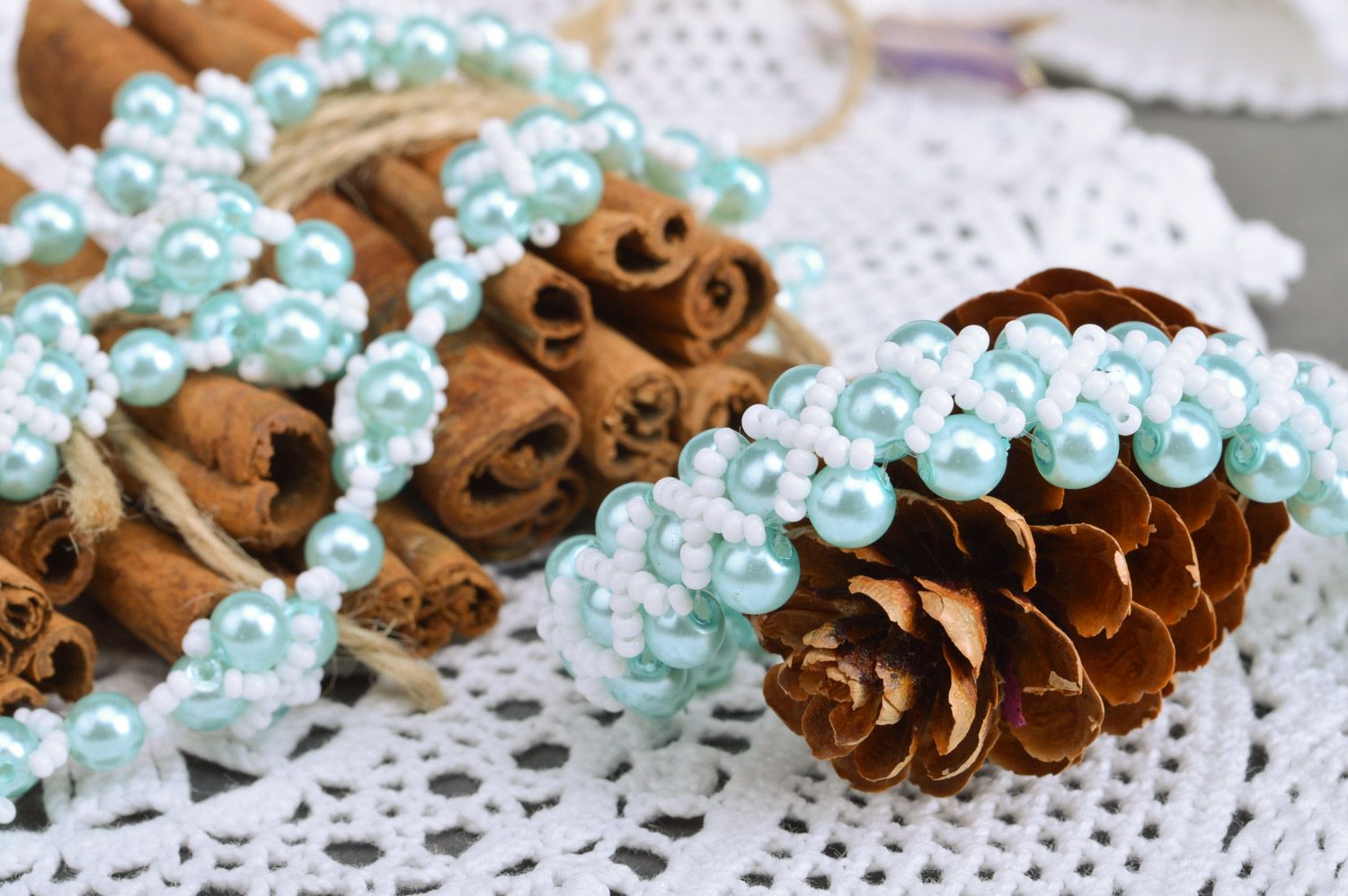 Set of handmade jewelry woven of tender blue beads necklace and wrist bracelet photo 1