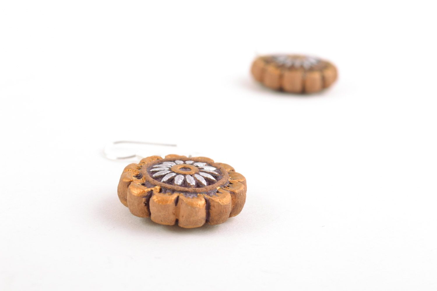 Handmade small tender painted ceramic round floral dangling earrings  photo 3