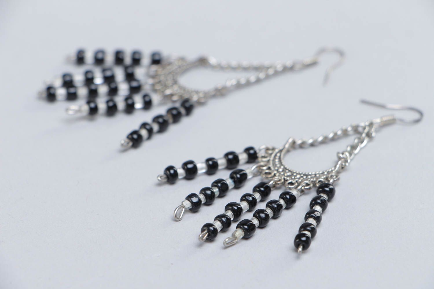 Handmade stylish long metal earrings with beads black-and-white summer accessory photo 3