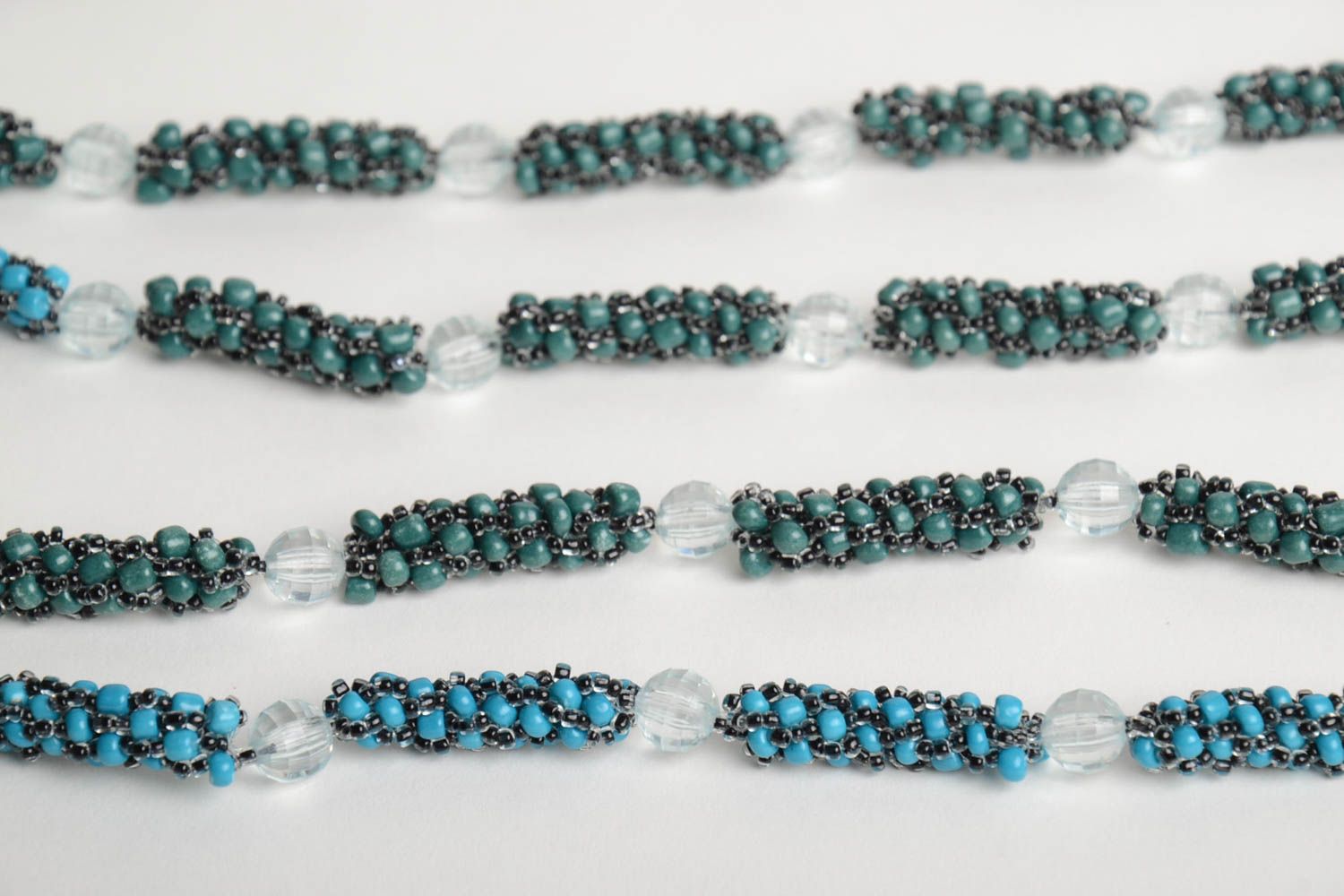 Handmade long women's necklace crocheted of Czech beads of turquoise color photo 4